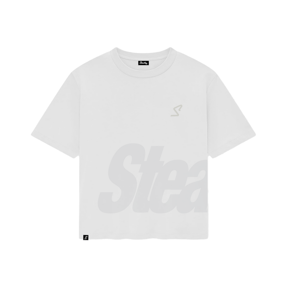 Stealthy White Tee Gray Script Logo