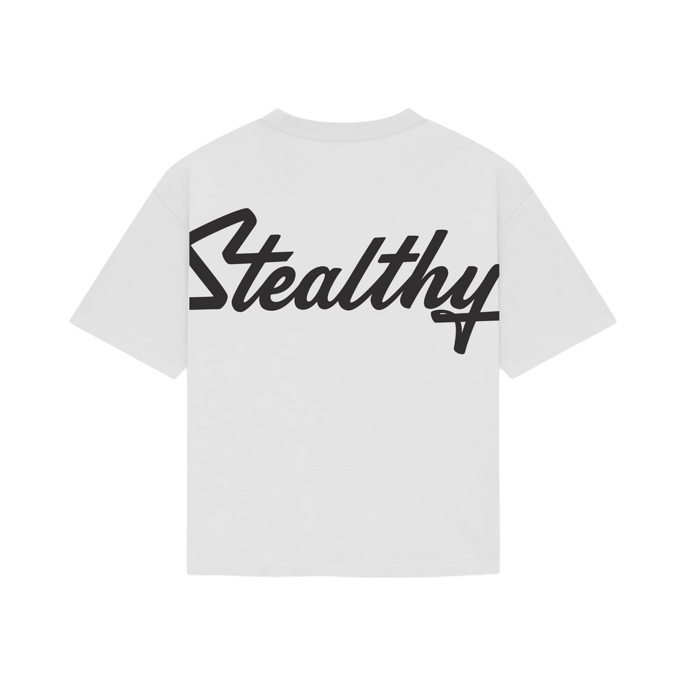 Stealthy White Tee Black Script Logo