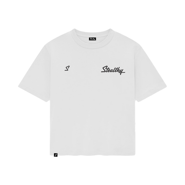 Stealthy White Tee Black Script Logo